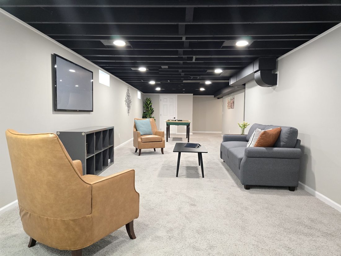 Lower-level lounge area in the finished Milwaukee basement